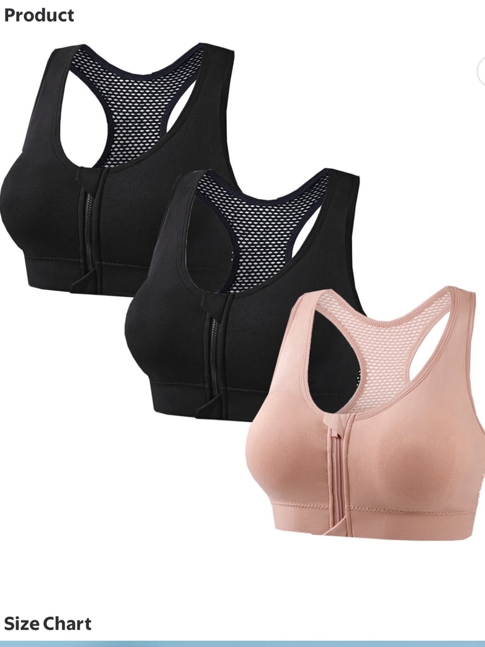 Set of 4 Zip front Racerback Sports Bra